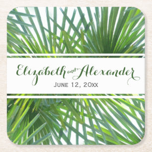 Palm Leaves Green Names and Date Wedding Coaster