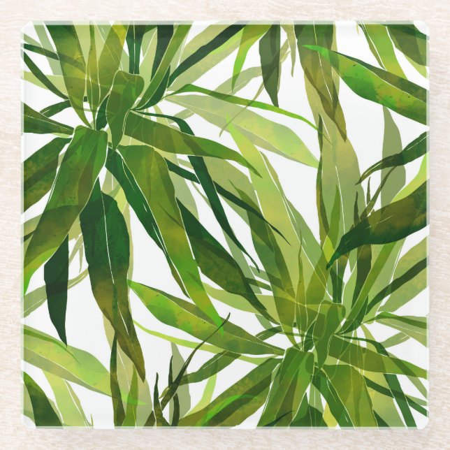 Palm Leaves Hand Painted Pattern Glass Coaster (Front)