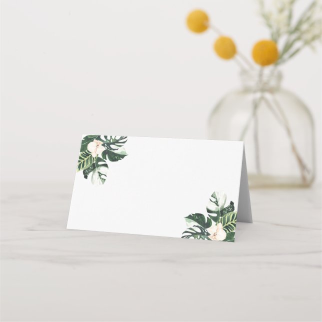 Palm Leaves Hibiscus Tropical Wedding Reception Place Card (Front)
