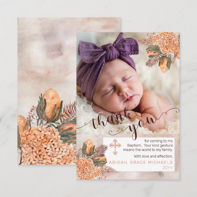 Palm Leaves Hydrangea Girl Photo Baptism Thank You (Front/Back)