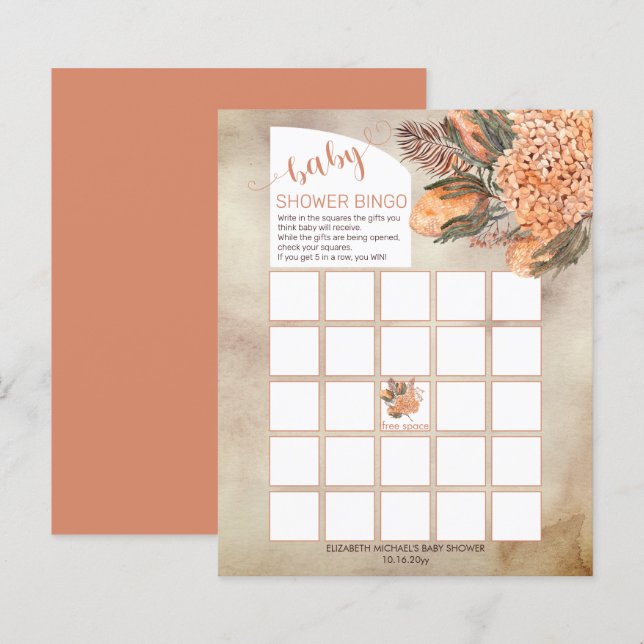 Palm Leaves Hydrangeas Girl Baby Shower Bingo Card (Front/Back)
