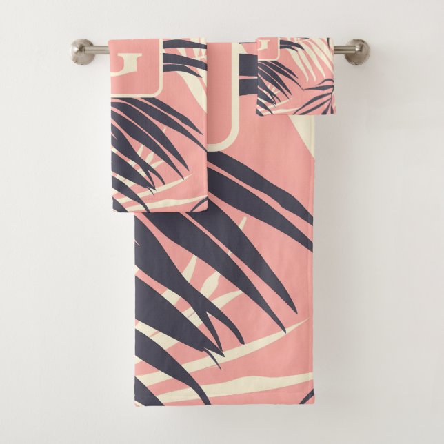 palm leaves light pink personalized monogram  bath towel set (Insitu)