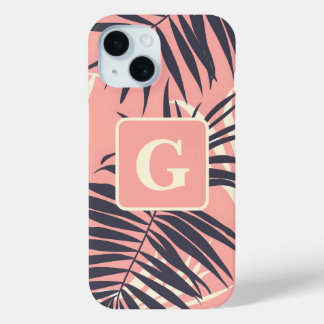palm leaves light pink personalized monogram  iPhone 15 case