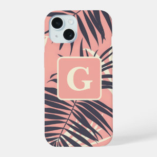 palm leaves light pink personalized monogram iPhone 15 case