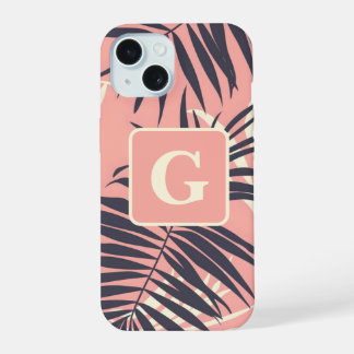 palm leaves light pink personalized monogram iPhone 15 case