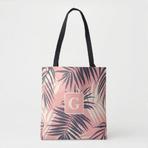 palm leaves light pink personalized monogram tote bag