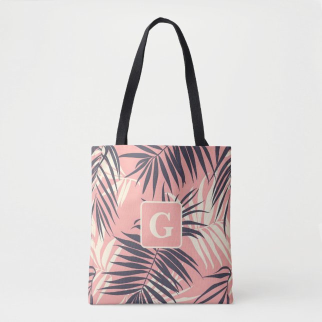 palm leaves light pink personalized monogram  tote bag (Front)
