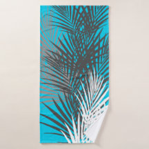 Palm leaves, modern, teal, grey, white