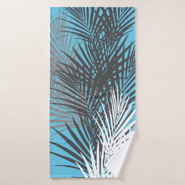 Palm leaves, modern, teal, grey, white bath towel set (Bath Towel)
