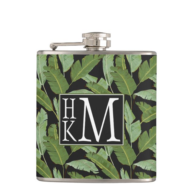 Palm Leaves | Monogram Hip Flask (Front)
