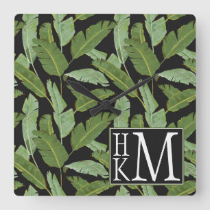 Palm Leaves Monogram Square Wall Clock