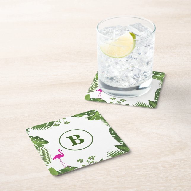Palm Leaves Monogrammed Paper Coaster (Insitu)