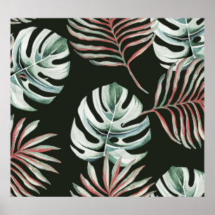 Palm leaves, monstera: tropical watercolor. poster