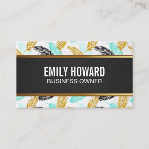 Palm Leaves   Natural   Black Leather Gold Trim Business Card