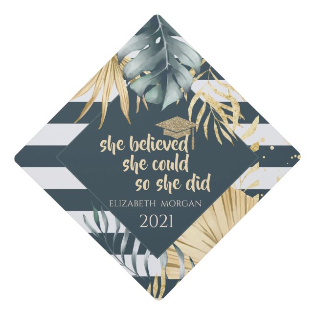 Palm Leaves Navy Blue Stripes Graduation Cap Topper (Front)