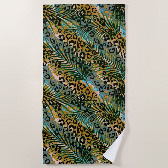 Palm leaves on a leopard background. beach towel (Front)