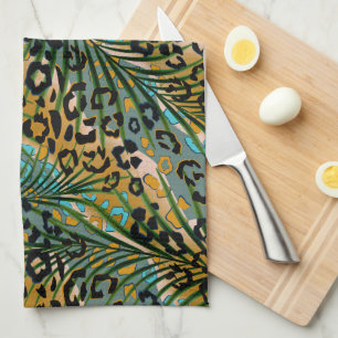 Palm leaves on a leopard background.  kitchen towel