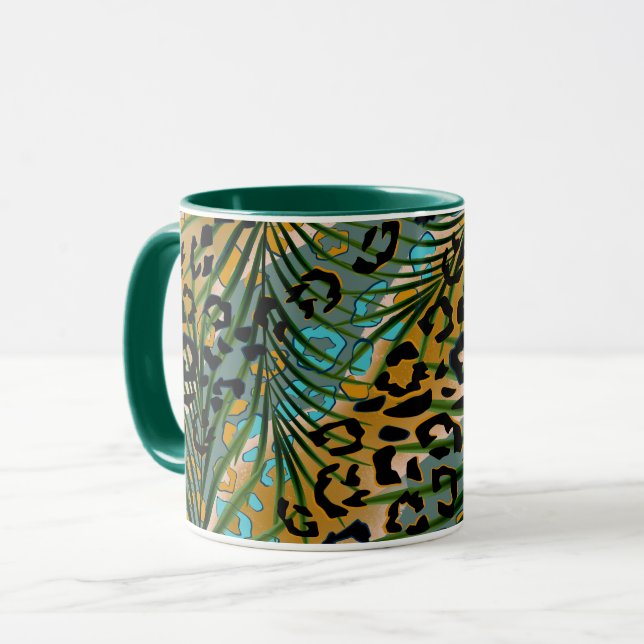 Palm leaves on a leopard background. mug (Front Left)