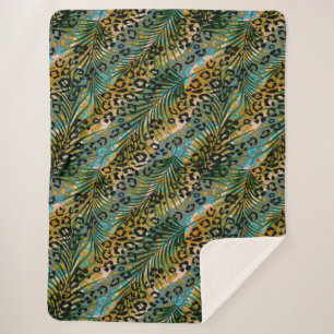 Palm leaves on a leopard background. sherpa blanket