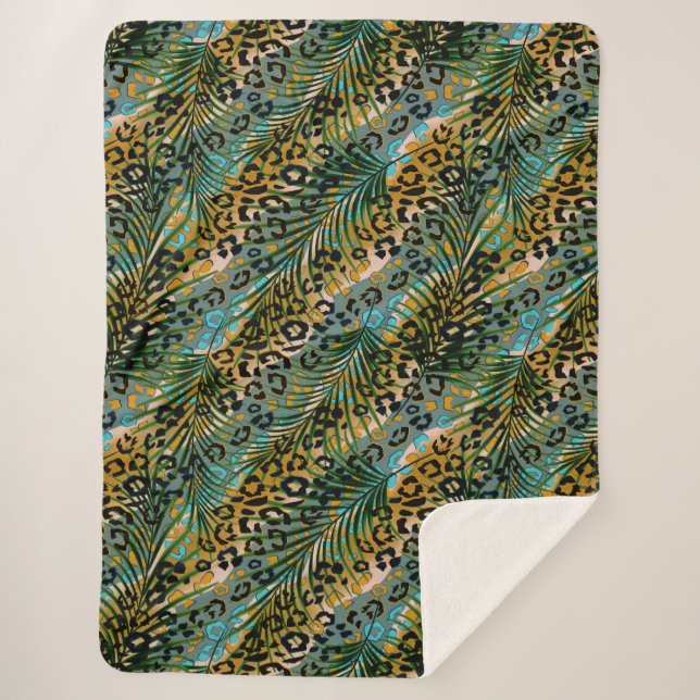 Palm leaves on a leopard background.  sherpa blanket (Front)