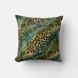 Palm leaves on a leopard background.  throw pillow