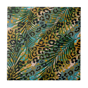 Palm leaves on a leopard background.  tile