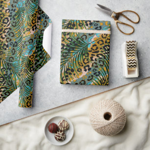Palm leaves on a leopard background. wrapping paper