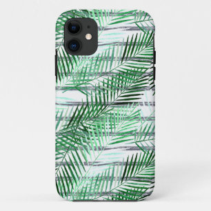Palm leaves on a striped black and white backgroun iPhone 11 case