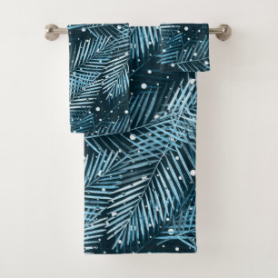Palm leaves on blue with white polka dots. bath towel set