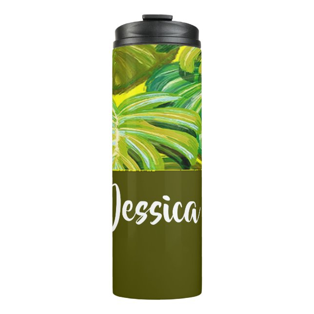 Palm leaves on yellow thermal tumbler (Front)