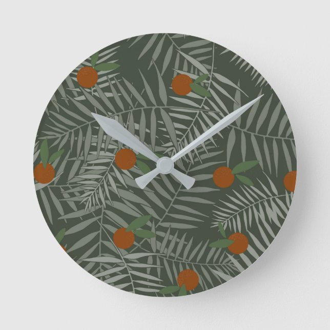 Palm Leaves & Oranges Round Clock (Front)