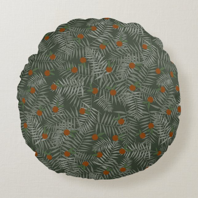 Palm Leaves & Oranges Round Pillow (Front)