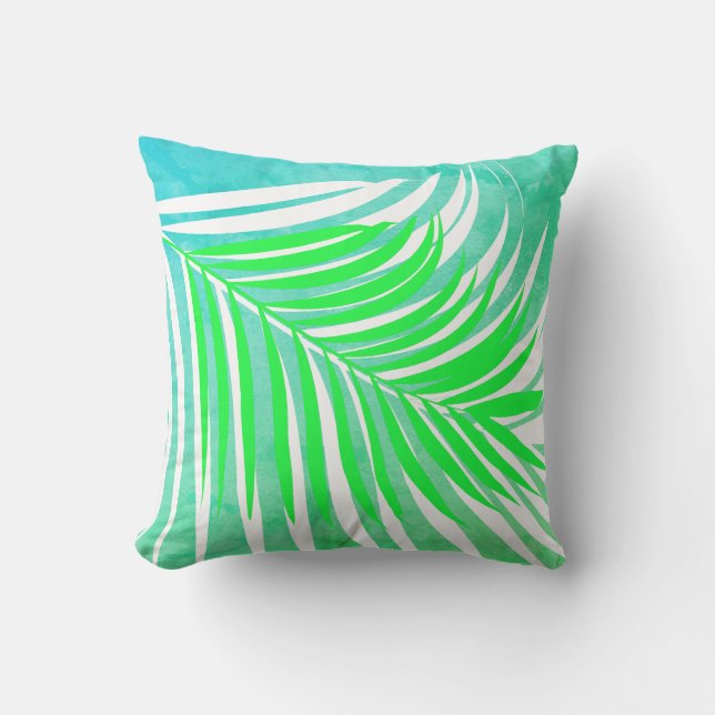 Palm Leaves Pattern Green Teal Blue Tropical Gift Outdoor Pillow (Front)