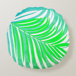 Palm Leaves Pattern Green Teal Blue Tropical Gift Round Pillow