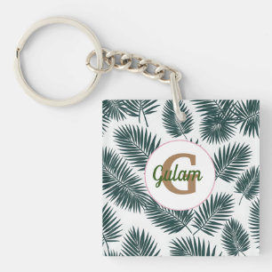 Palm leaves pattern personalized name and initial keychain