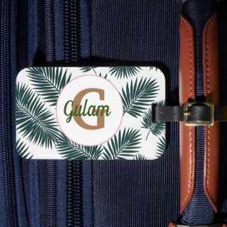 Palm leaves pattern personalized name and initial luggage tag