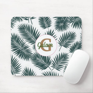 Palm leaves pattern personalized name and initial mouse pad