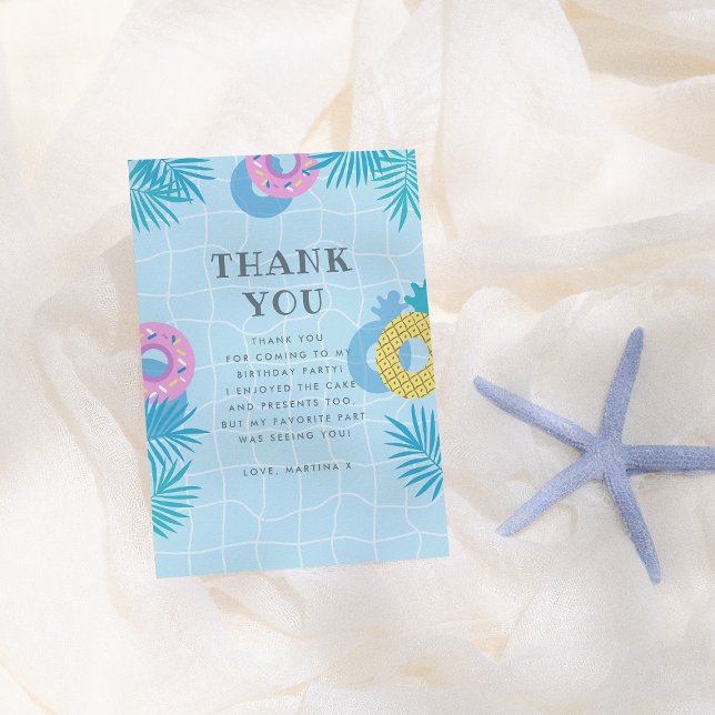 Palm Leaves & Pineapple Float Pool Party Birthday  Thank You Card (Creator Uploaded)