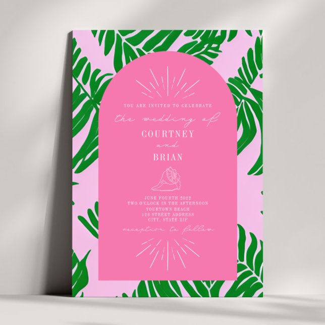 Palm Leaves Pink & Green Seashell Wedding Invitation (Creator Uploaded)
