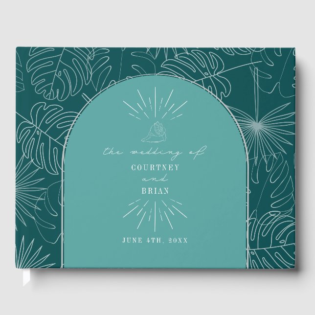 Palm Leaves Seashell Teal Beach Wedding Guest Book (Front)