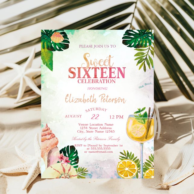Palm Leaves Seashells Cocktail Summer Sweet 16 Invitation (Creator Uploaded)