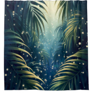 Palm leaves sparkled by moonshine and fireflies
