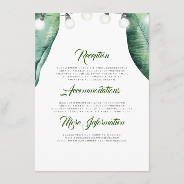 Palm Leaves String Lights Beach Wedding Details Enclosure Card (Front)