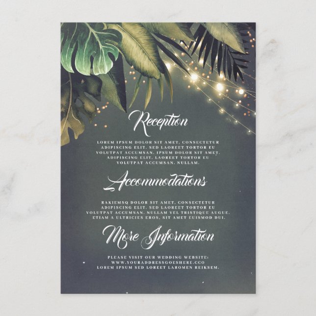 Palm Leaves String Lights Beach Wedding Details Enclosure Card (Front)