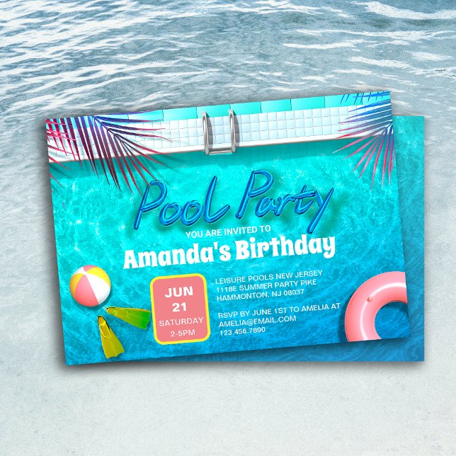 Palm Leaves & Summer Pool Party Kids Birthday Invitation (Palm Leaves & Summer Pool Party Kids Birthday Invitation)