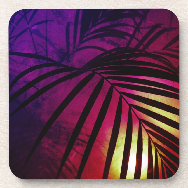 Palm leaves sunset modern tropical coaster (Front)