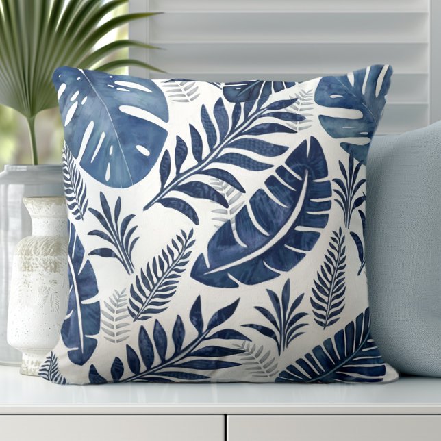 Palm Leaves Throw Pillow (Elevate Your Décor: Discover our Elegant Coastal Throw Pillows in Blue & White)