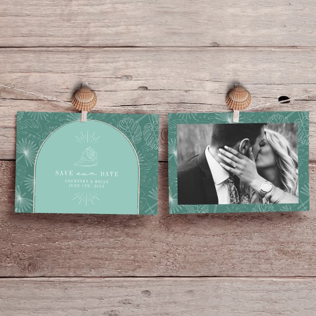 Palm Leaves Tropical Aqua Seashell Photo Save The Date (Creator Uploaded)