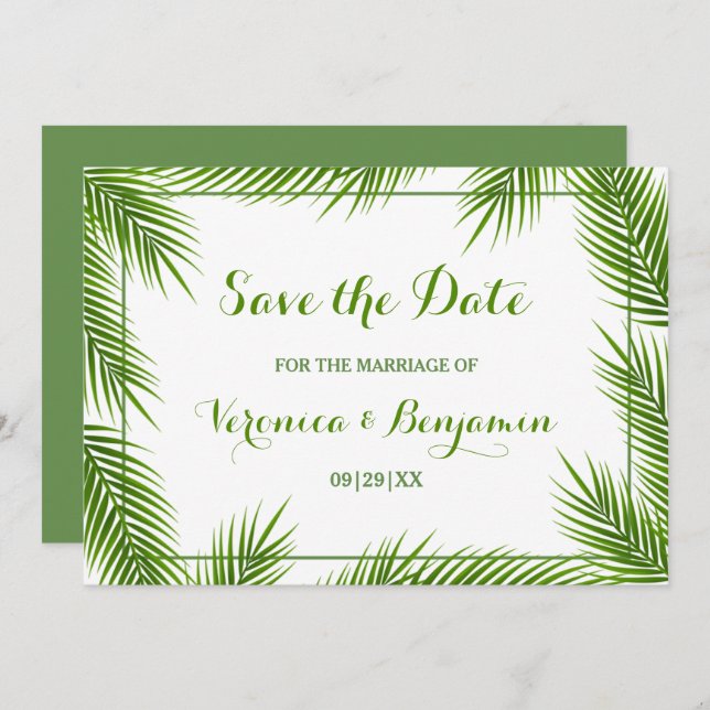 Palm Leaves Tropical Beach Wedding Save The Date (Front/Back)
