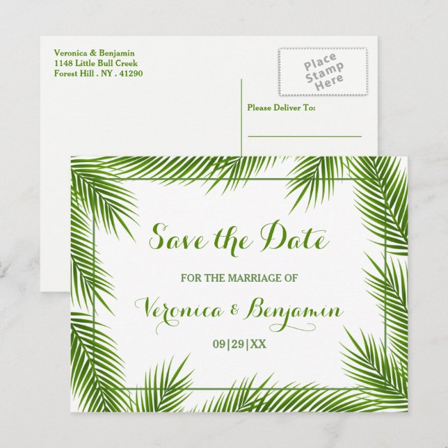 Palm Leaves Tropical Beach Wedding Save The Date Announcement Postcard (Front/Back)